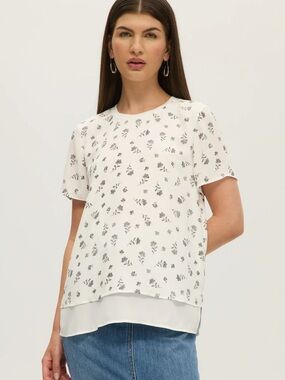 Hilary Radley Women's Short Sleeve Blouse Off White Black Combo size M